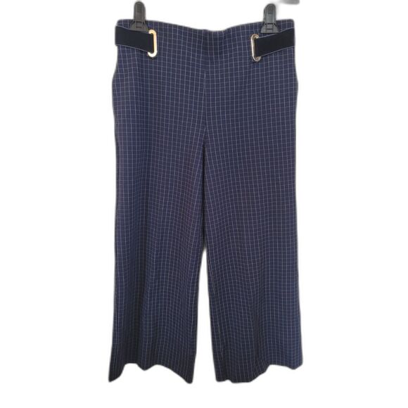 BETABRAND Navy Check Print Ponte Wide Leg Crop Pants - Picture 2 of 4